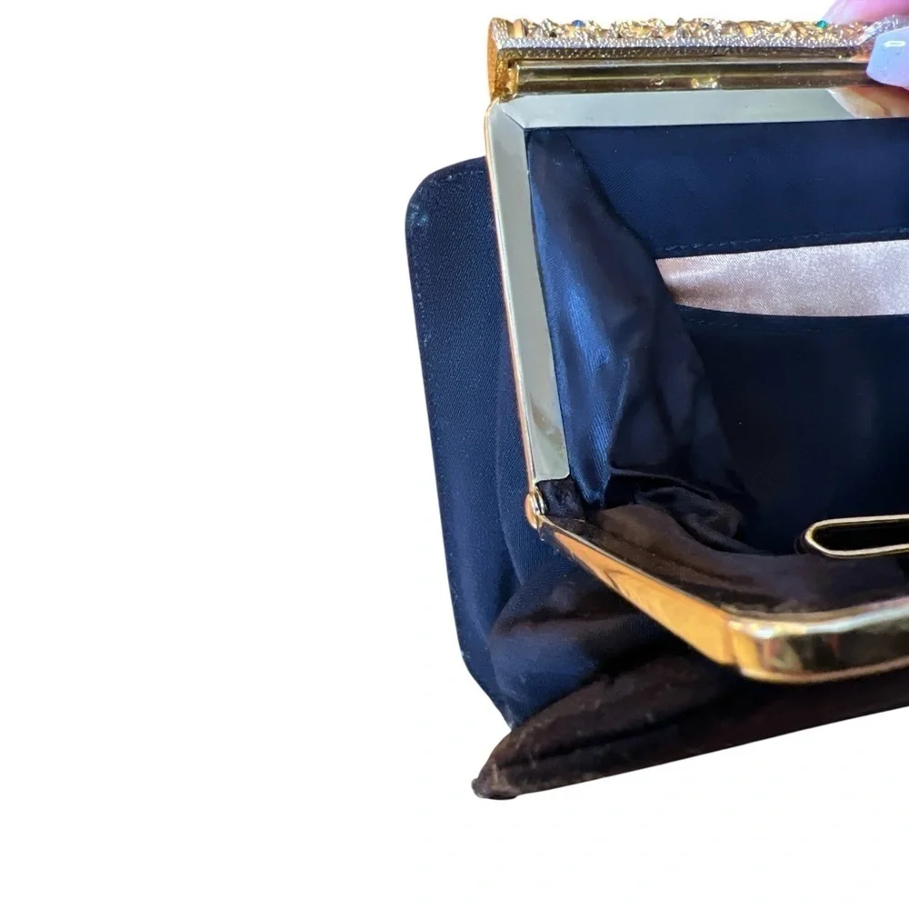 Vintage 1950s Jeweled Filigree Evening Clutch Navy Satin MCM Purse
